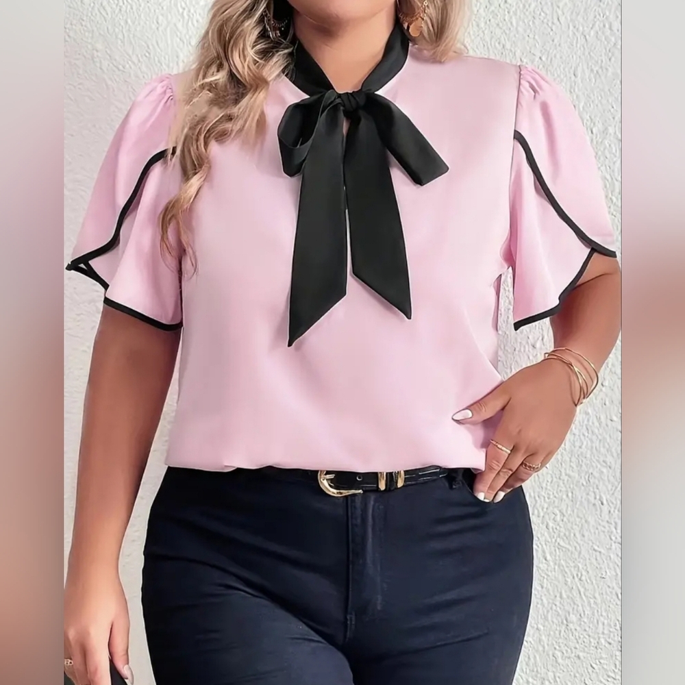 Womens Plus Size Color Block Tie Neck Blouse. Various sizes available